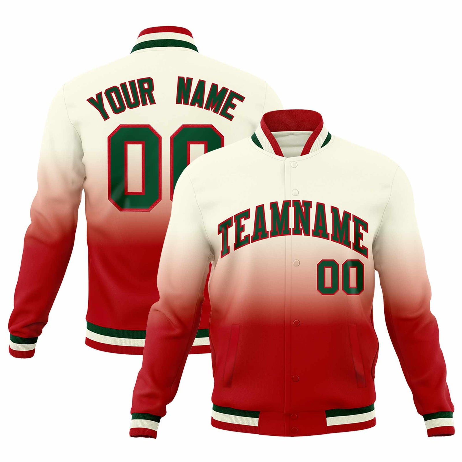 Custom Cream Red Full-Snap Varsity Personalization Gradient Fashion Letterman Jacket