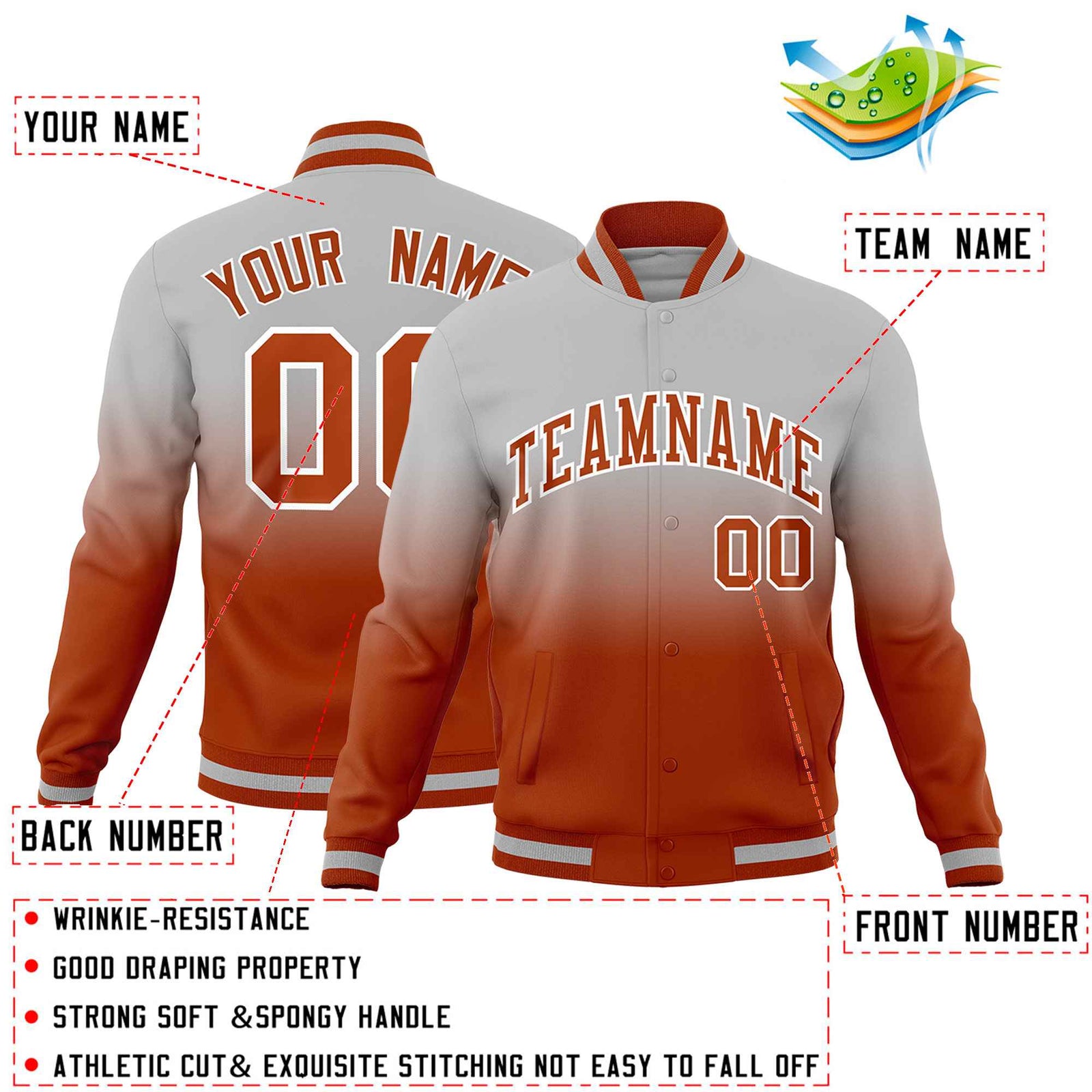 Custom Gray Dark Orange Full-Snap Varsity Personalization Gradient Fashion Letterman Jacket