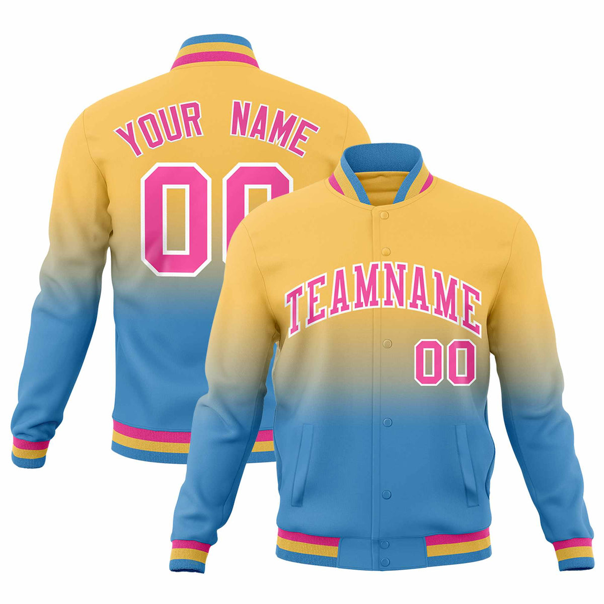 Custom Khaki Light blue Full-Snap Varsity Personalization Gradient Fashion Letterman Jacket
