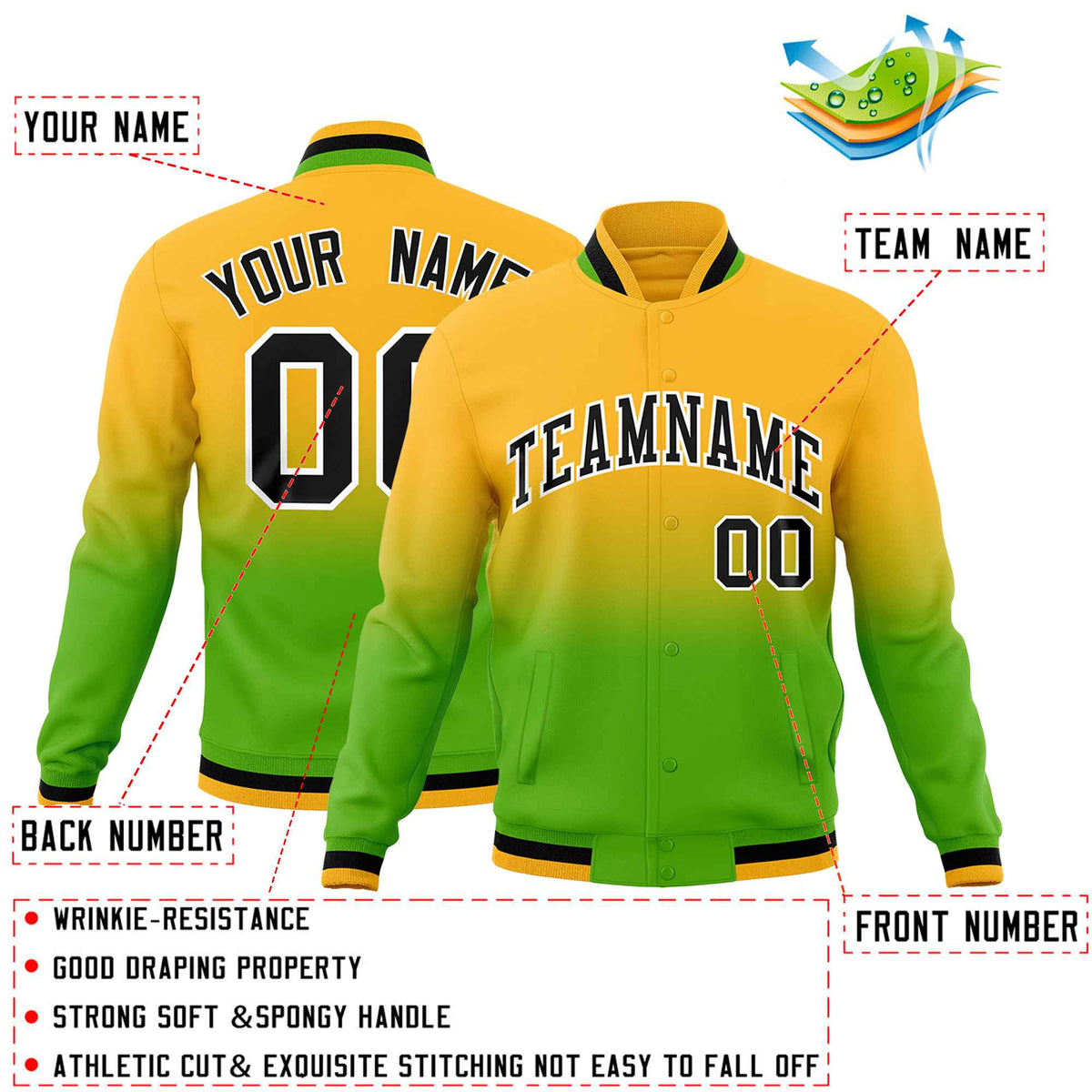 Custom Yellow Green Full-Snap Varsity Personalization Gradient Fashion Letterman Jacket