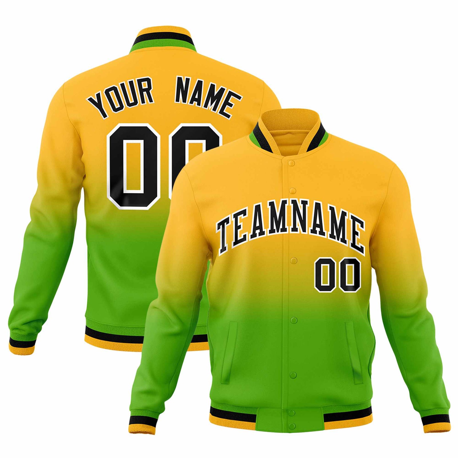 Custom Yellow Green Full-Snap Varsity Personalization Gradient Fashion Letterman Jacket