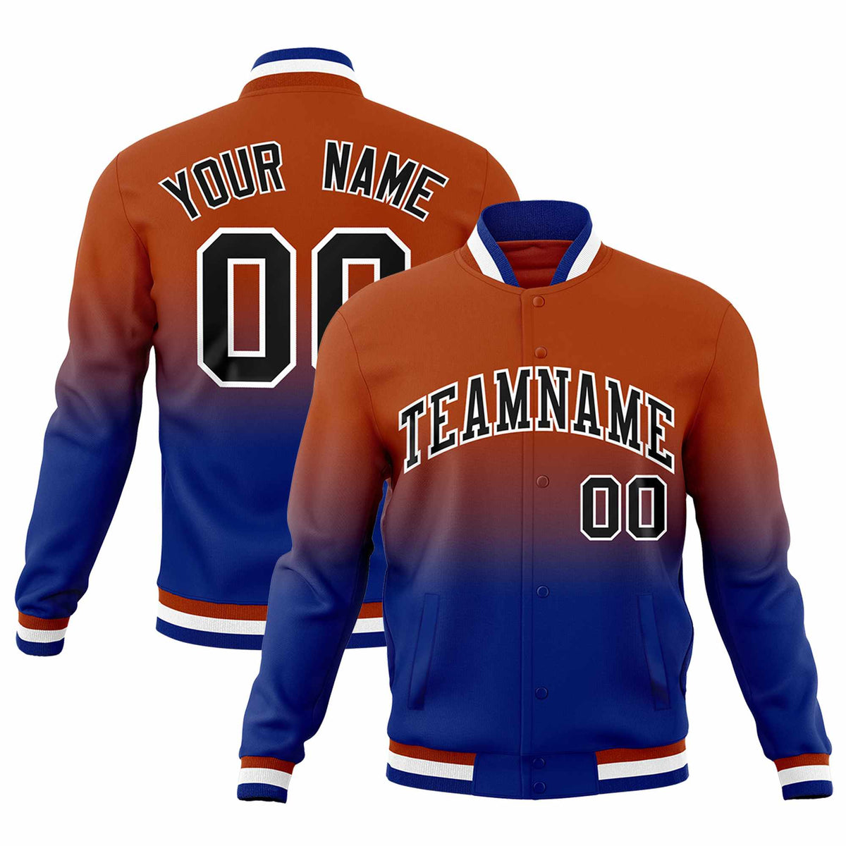 Custom Dark Orange Royal Blue Full-Snap Varsity Personalization Gradient Fashion Letterman Jacket