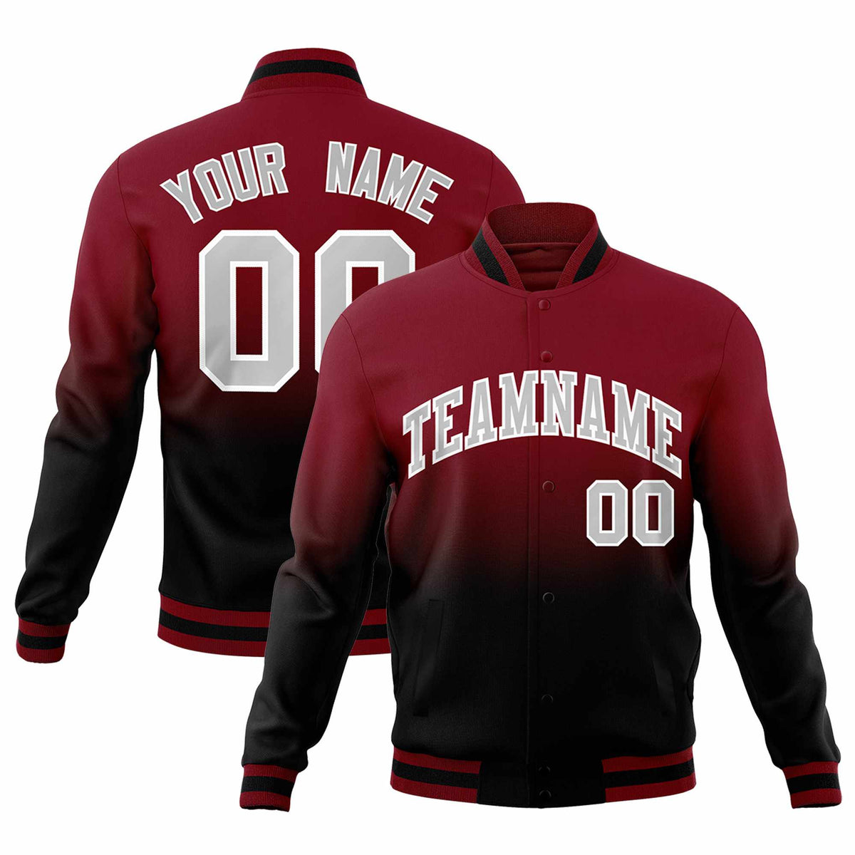 Custom Crimson Black Full-Snap Varsity Personalization Gradient Fashion Letterman Jacket