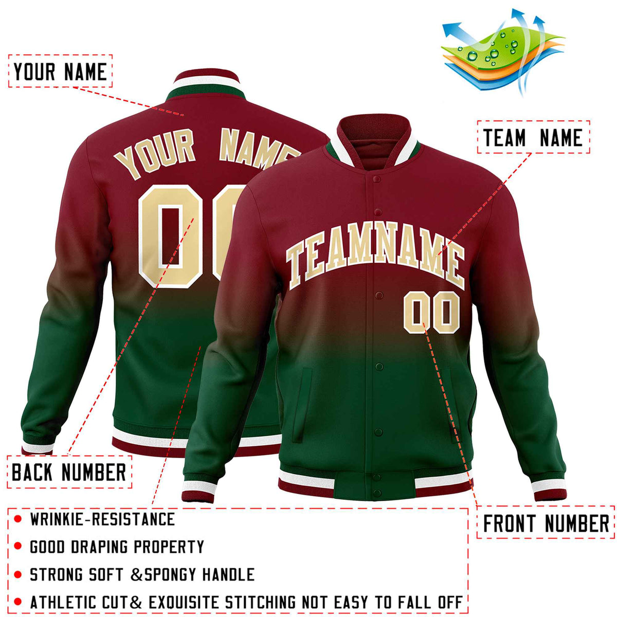 Custom Green Crimson Full-Snap Varsity Personalization Gradient Fashion Letterman Jacket