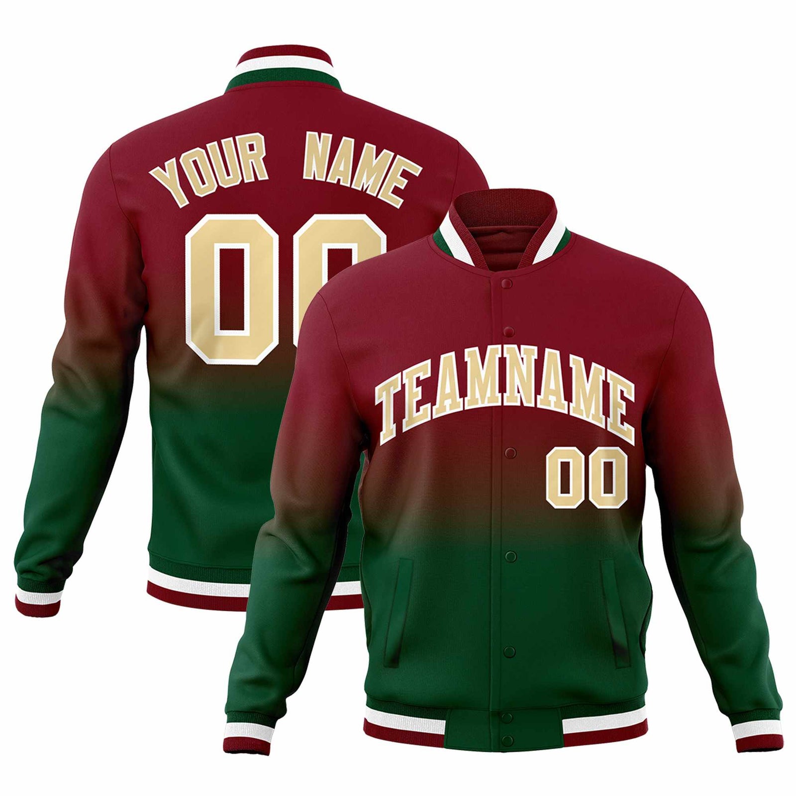 Custom Green Crimson Full-Snap Varsity Personalization Gradient Fashion Letterman Jacket