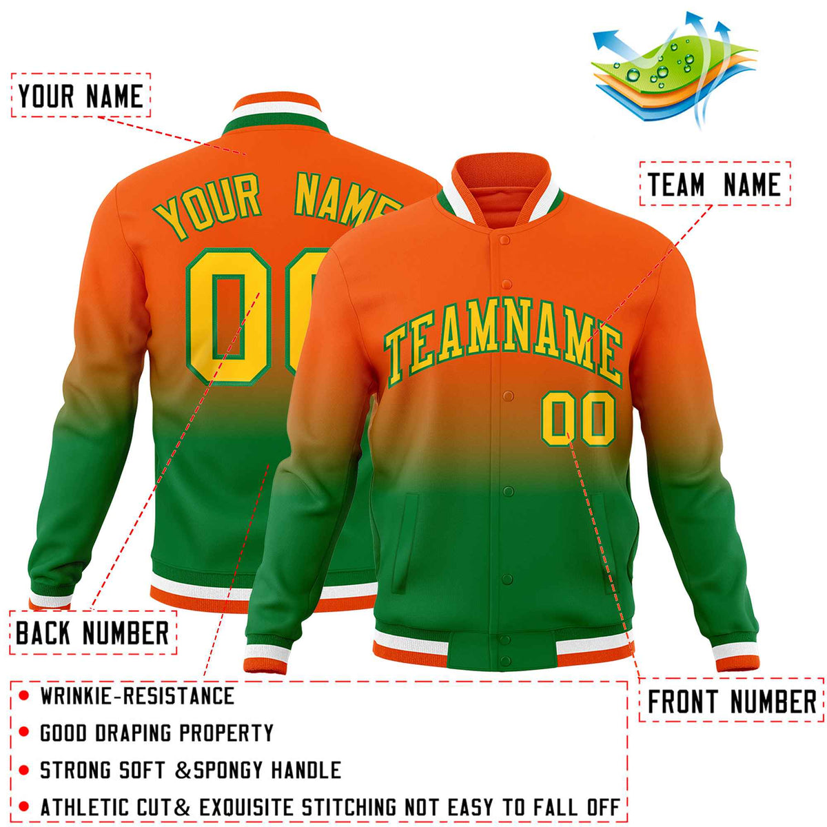 Custom Kelly Green Orange Full-Snap Varsity Personalization Gradient Fashion Letterman Jacket
