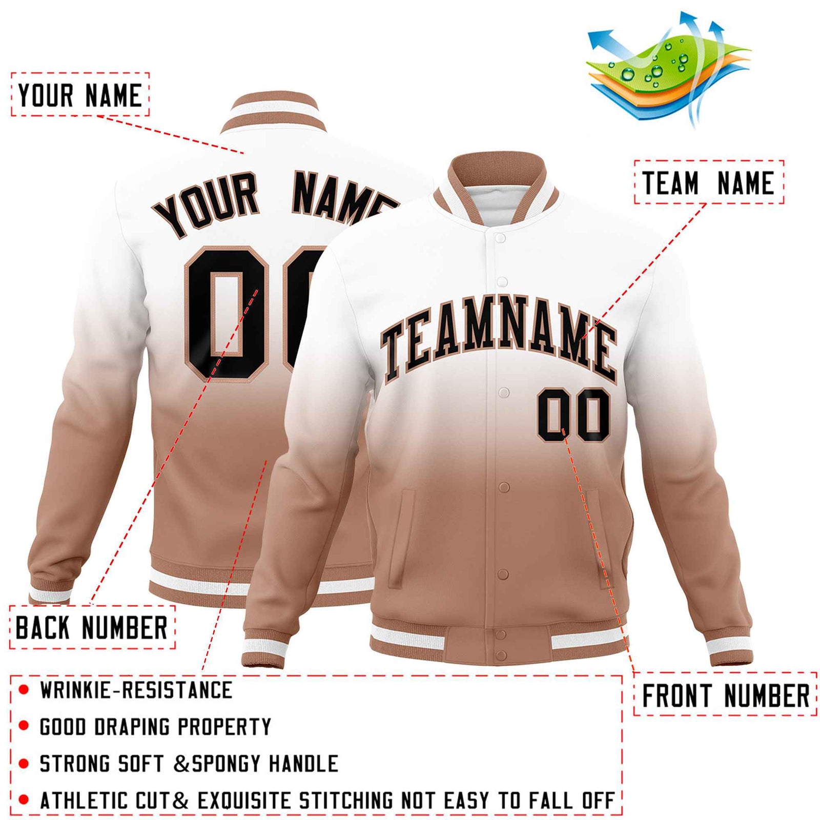 Custom White Light Brown Full-Snap Varsity Personalization Gradient Fashion Letterman Jacket