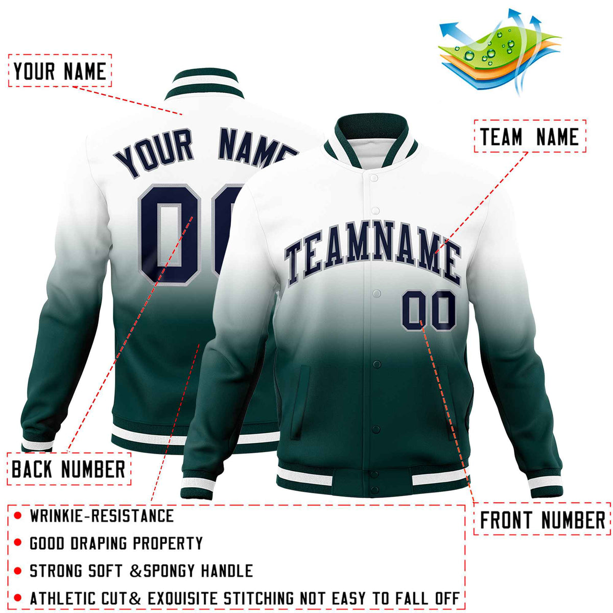 Custom White Midnight Green Full-Snap Varsity Personalization Gradient Fashion Letterman Jacket