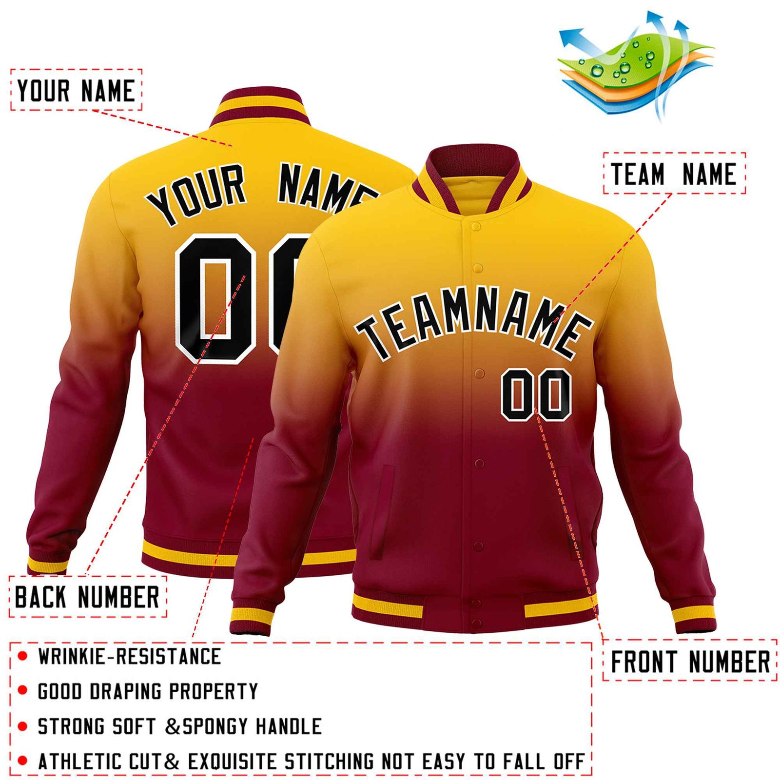 Custom Yellow Crimson Full-Snap Varsity Personalization Gradient Fashion Letterman Jacket