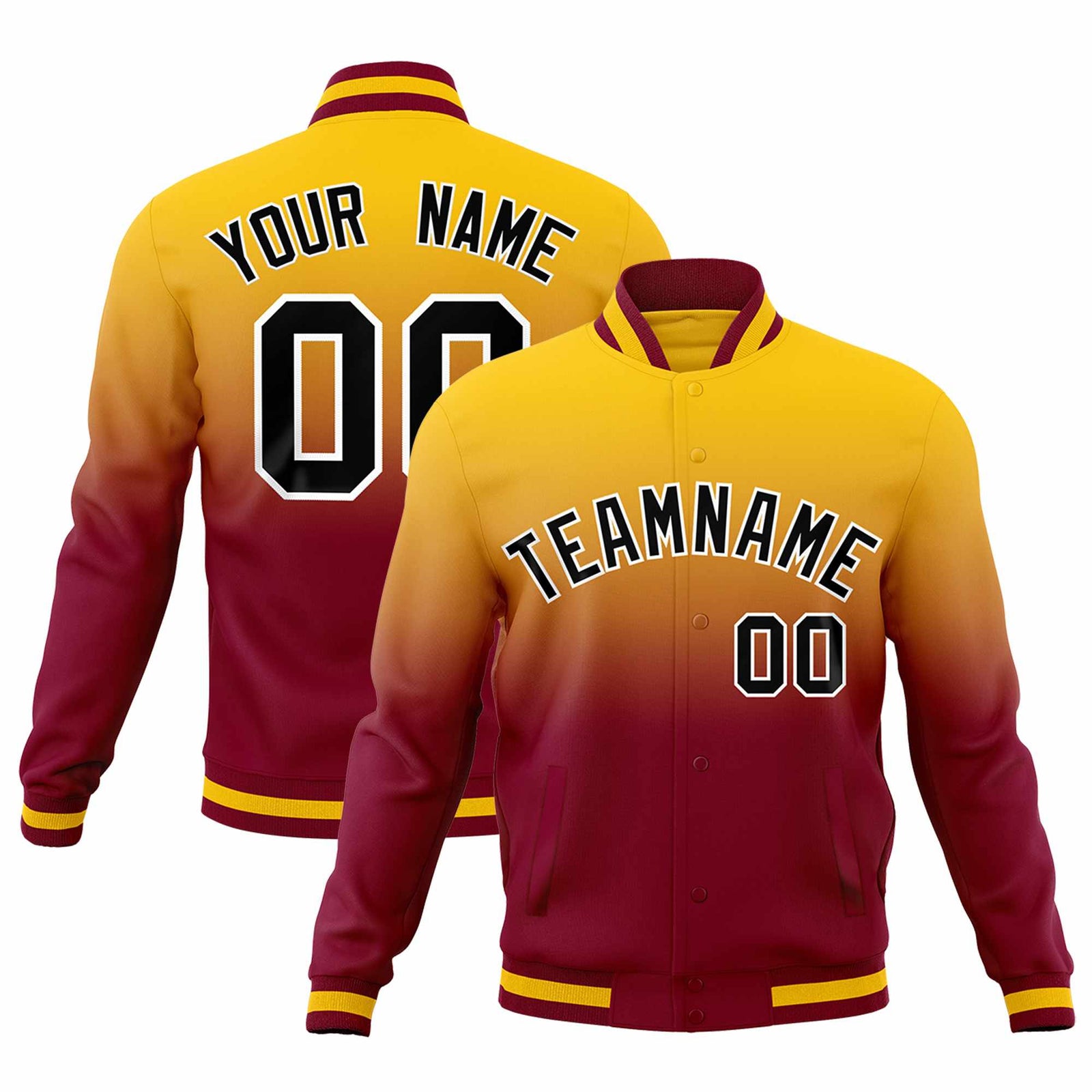 Custom Yellow Crimson Full-Snap Varsity Personalization Gradient Fashion Letterman Jacket