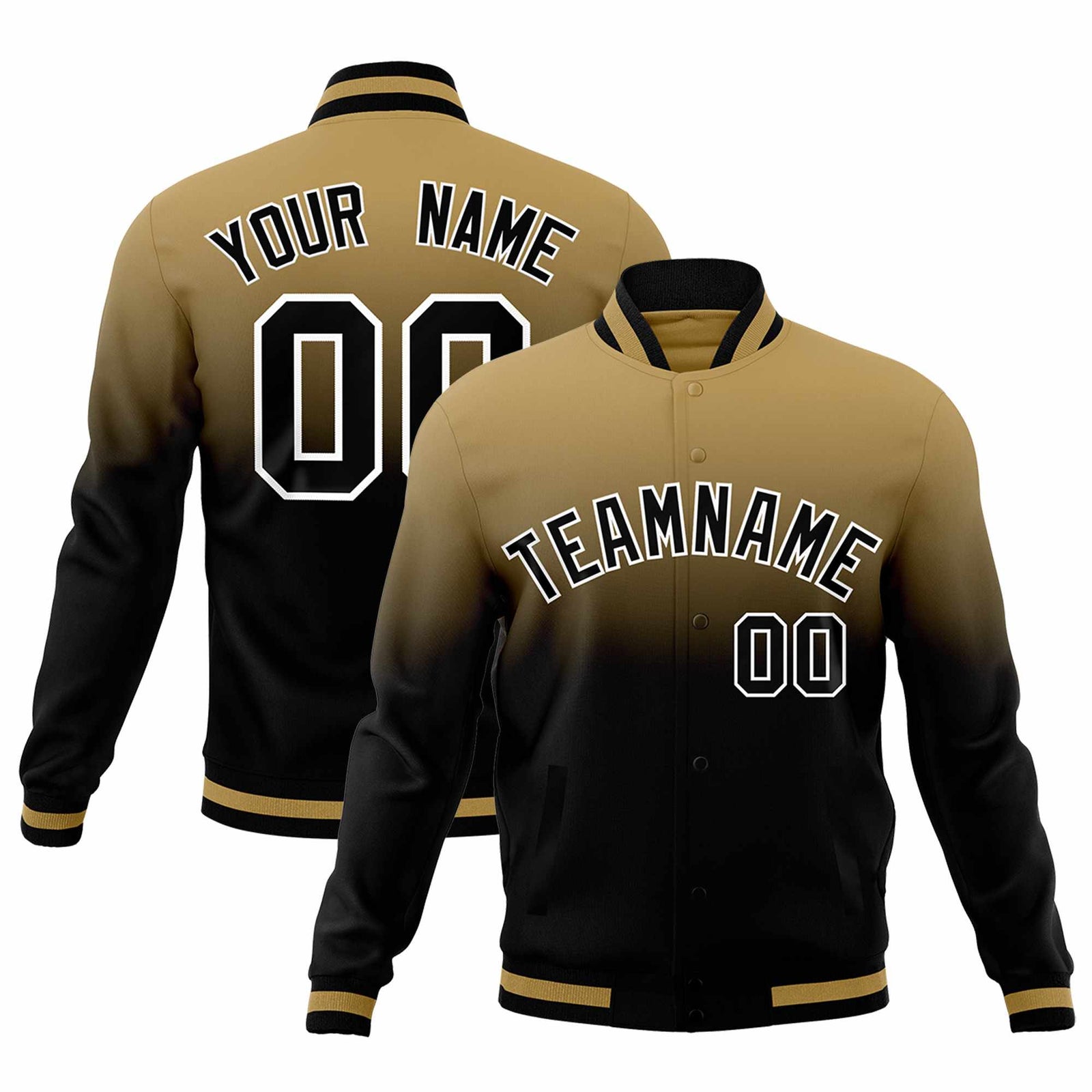 Custom Old Gold Black Full-Snap Varsity Personalization Gradient Fashion Letterman Jacket