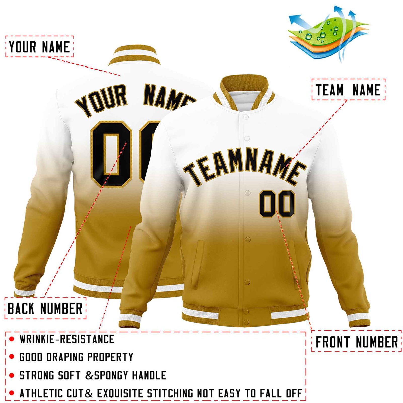 Custom White Old Gold Full-Snap Varsity Personalization Gradient Fashion Letterman Jacket