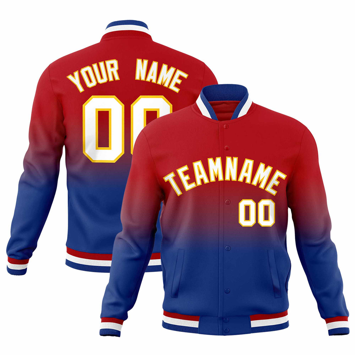 Custom Red Royal Full-Snap Varsity Personalization Gradient Fashion Letterman Jacket