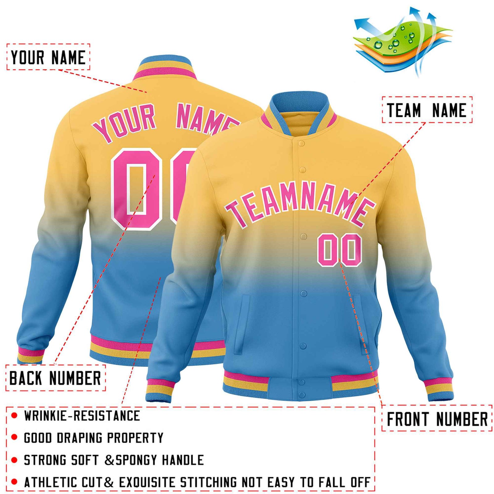 Custom Khaki Light blue Full-Snap Varsity Personalization Gradient Fashion Letterman Jacket