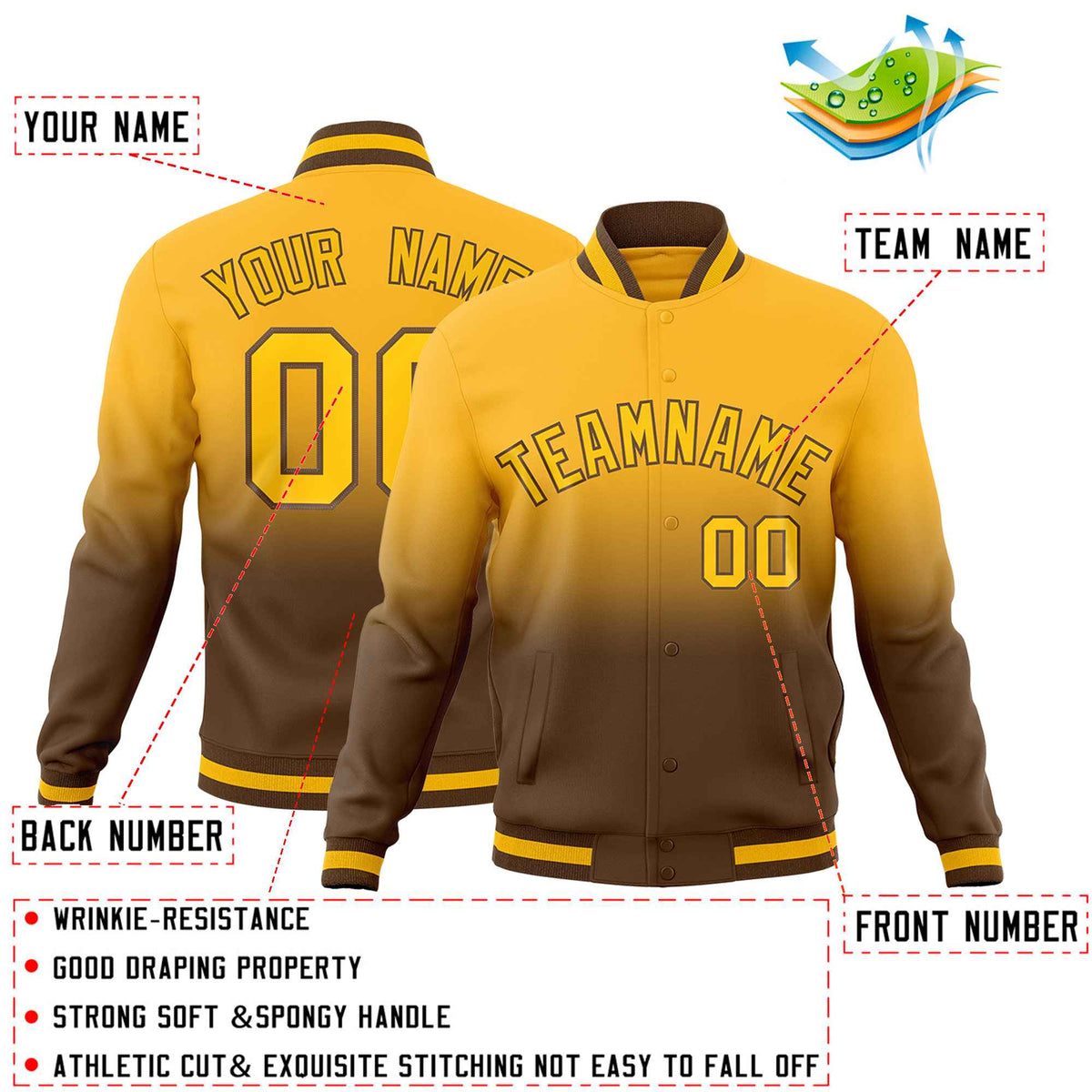 Custom Light Brown Gold Full-Snap Varsity Personalization Gradient Fashion Letterman Jacket
