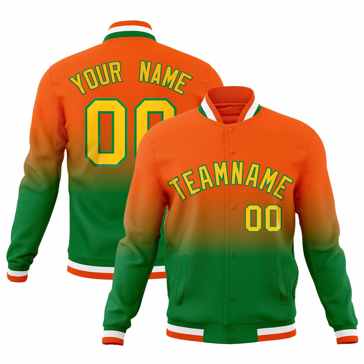 Custom Kelly Green Orange Full-Snap Varsity Personalization Gradient Fashion Letterman Jacket