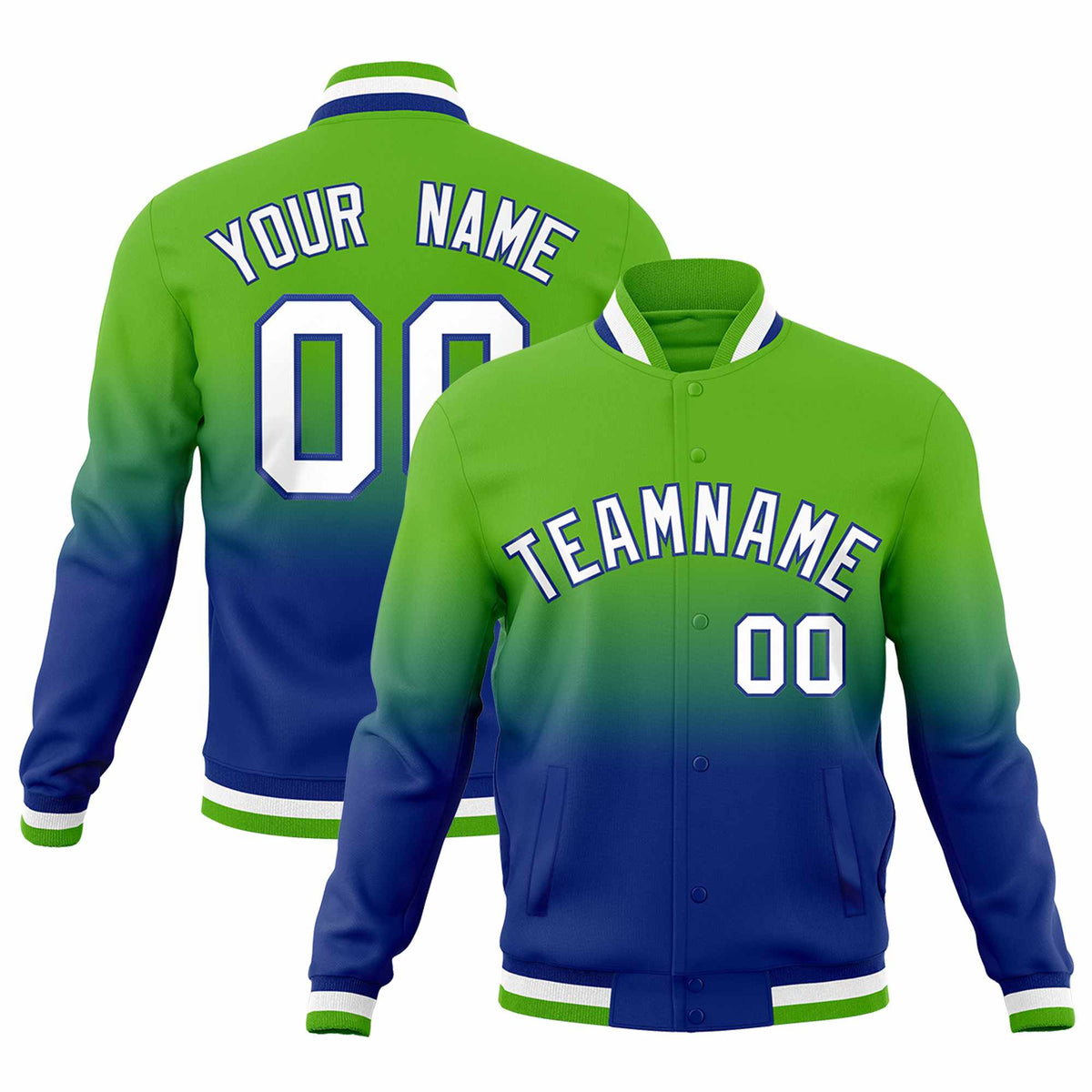 Custom Royal Green Full-Snap Varsity Personalization Gradient Fashion Letterman Jacket