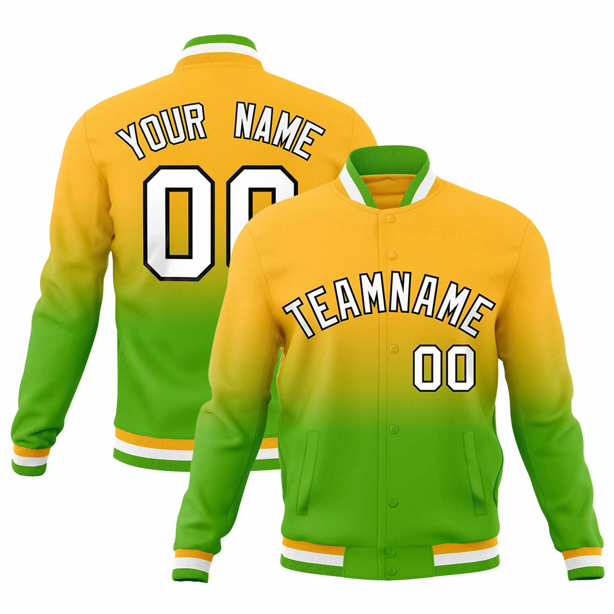 Custom Gold Green Full-Snap Varsity Personalization Gradient Fashion Letterman Jacket