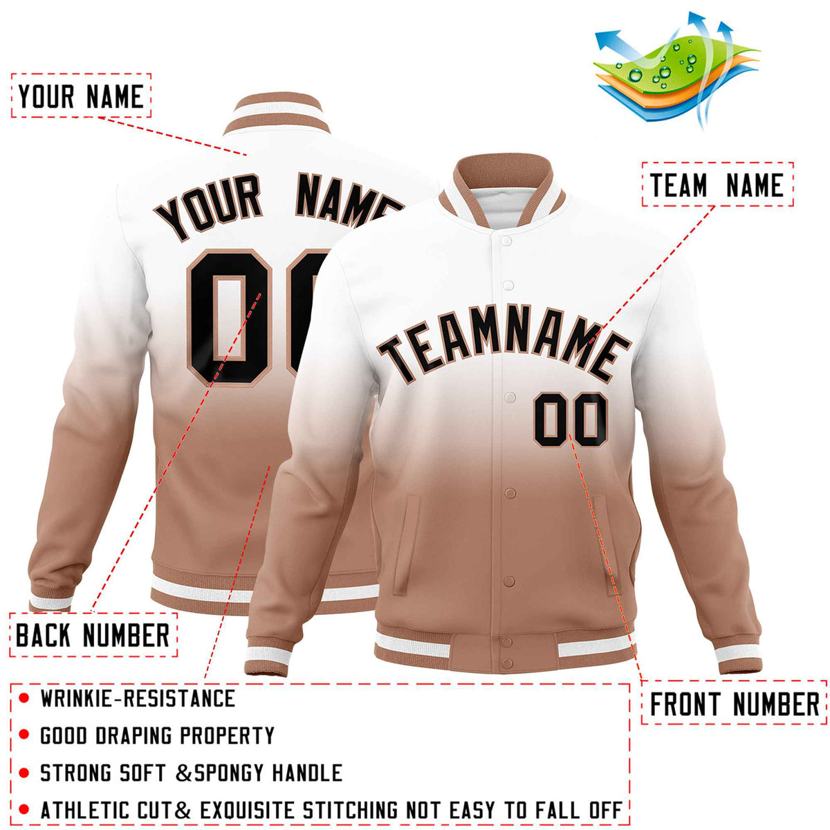 Custom White Light Brown Full-Snap Varsity Personalization Gradient Fashion Letterman Jacket