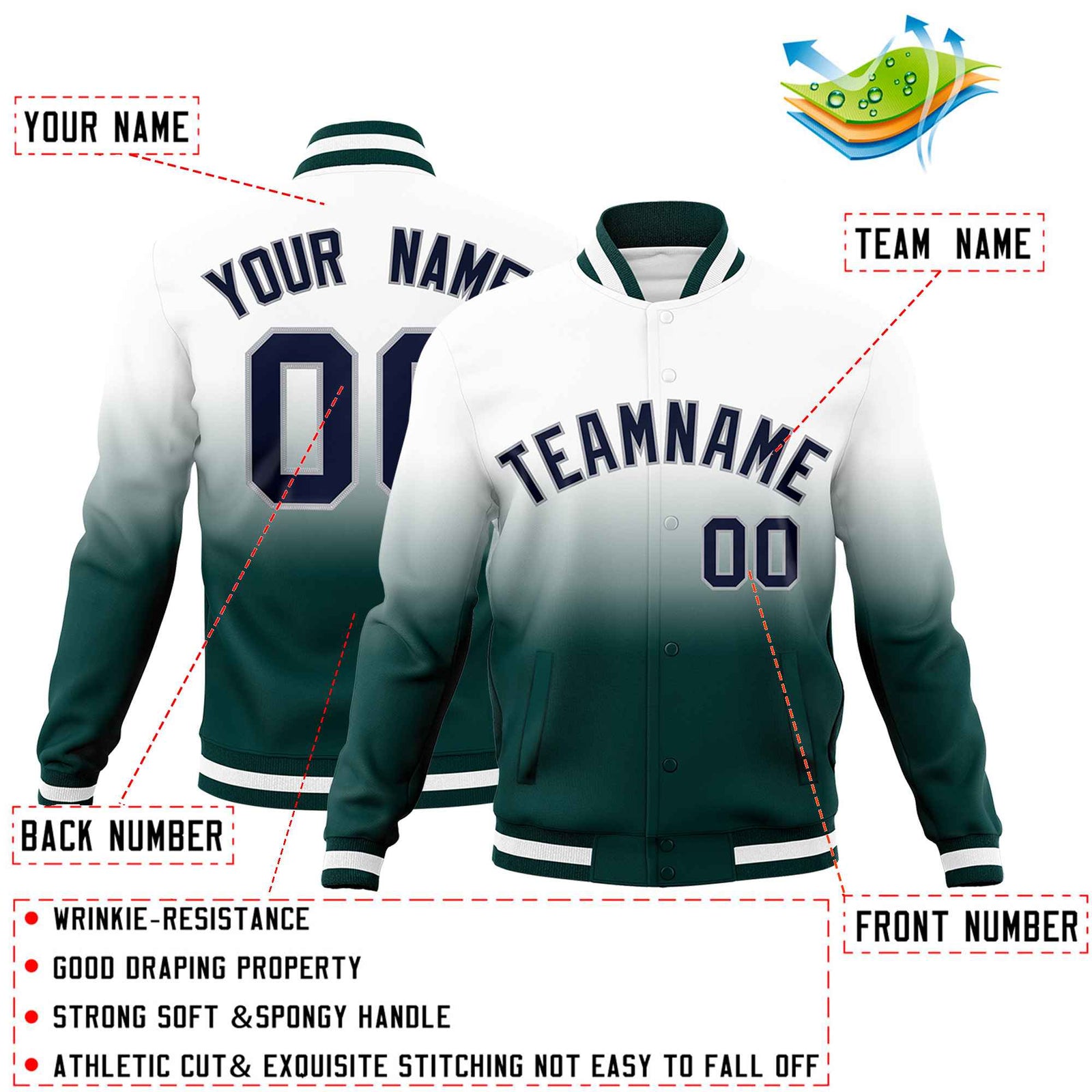 Custom White Midnight Green Full-Snap Varsity Personalization Gradient Fashion Letterman Jacket