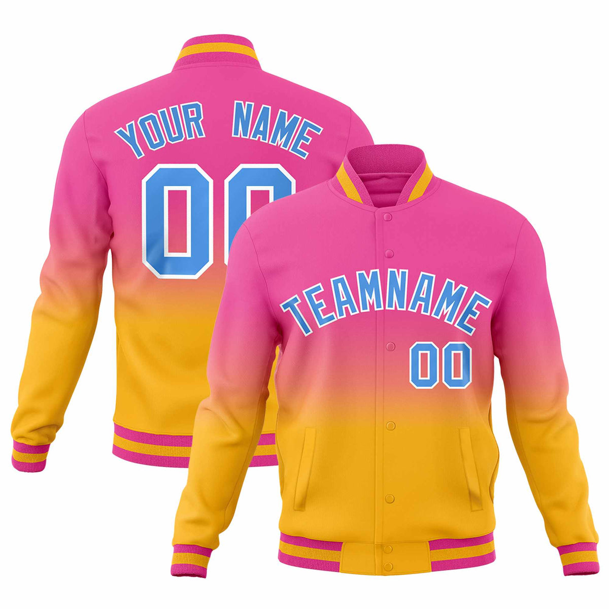 Custom Pink Gold Full-Snap Varsity Personalization Gradient Fashion Letterman Jacket