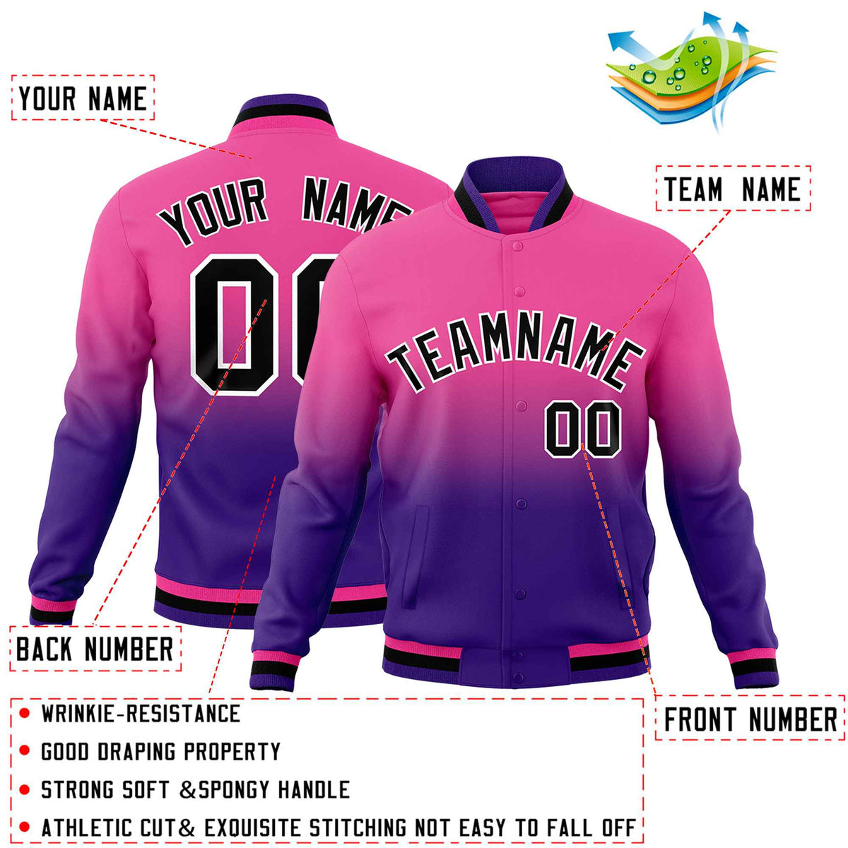 Custom Pink Purple Full-Snap Varsity Personalization Gradient Fashion Letterman Jacket