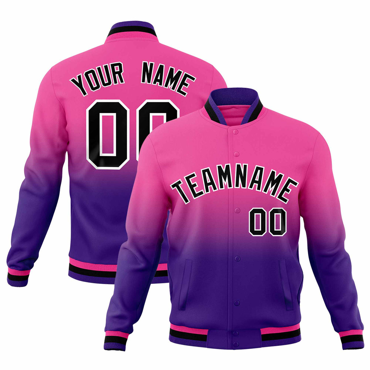 Custom Pink Purple Full-Snap Varsity Personalization Gradient Fashion Letterman Jacket