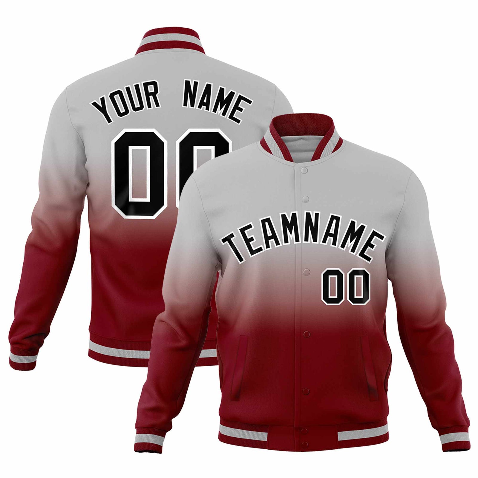 Custom Gray Crimson Full-Snap Varsity Personalization Gradient Fashion Letterman Jacket