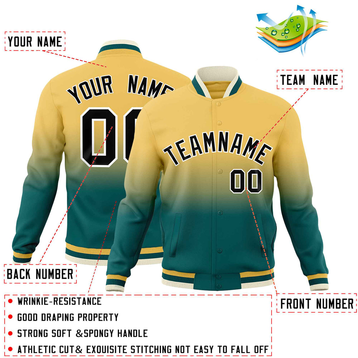 Custom Khaki Teal Full-Snap Varsity Personalization Gradient Fashion Letterman Jacket