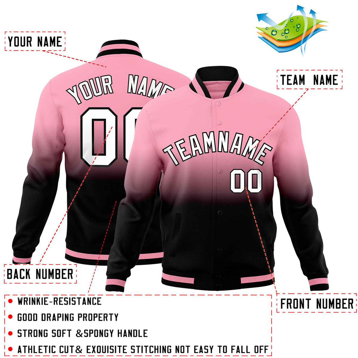 Custom Light Pink Black Full-Snap Varsity Personalization Gradient Fashion Letterman Jacket