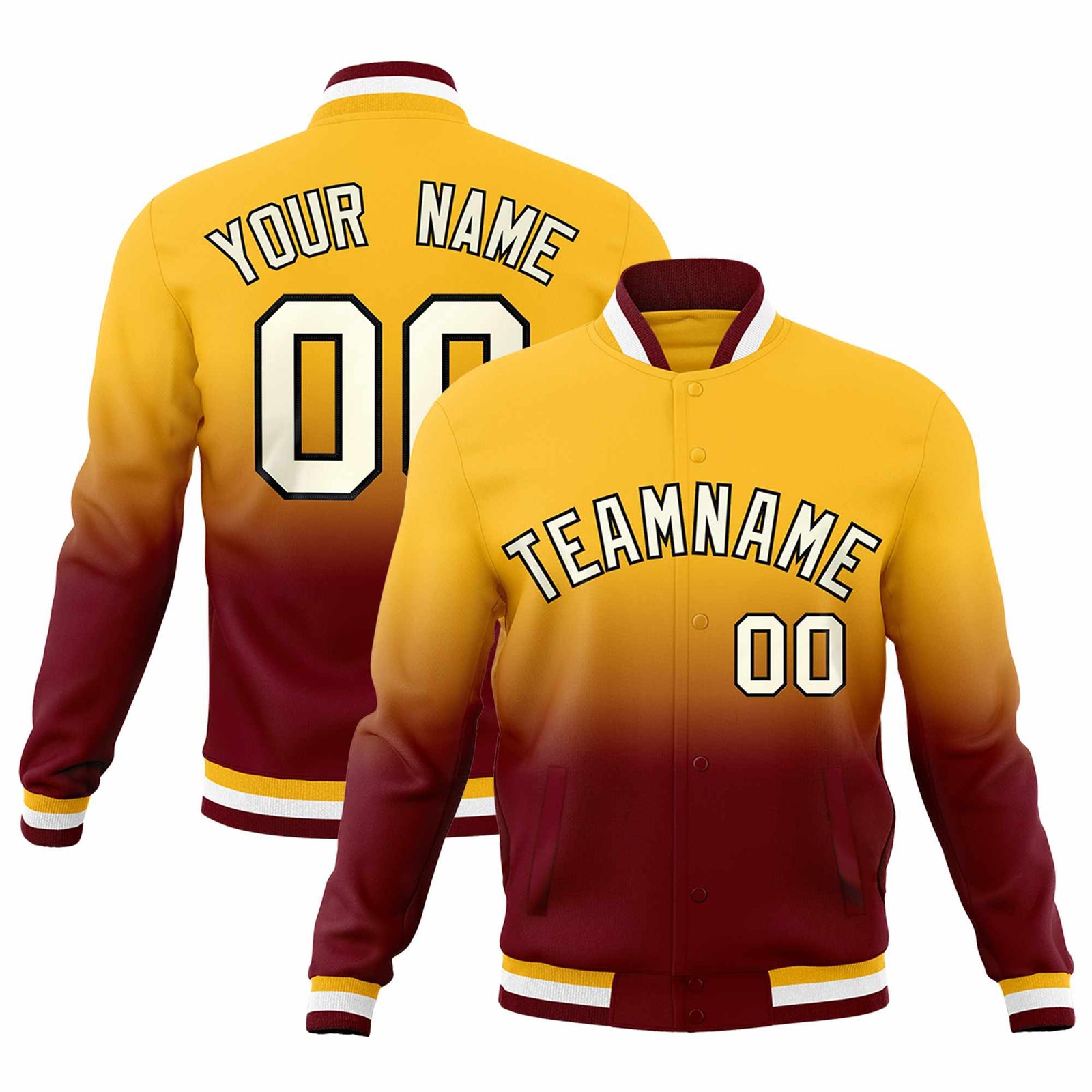 Custom Gold Crimson Full-Snap Varsity Personalization Gradient Fashion Letterman Jacket