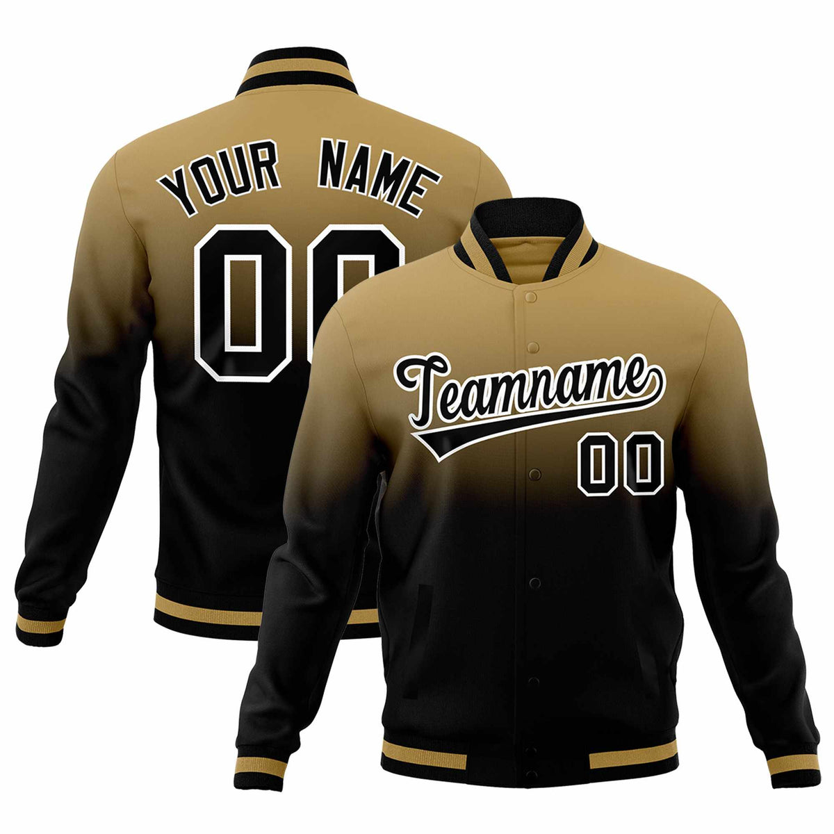 Custom Old Gold Black Full-Snap Varsity Personalization Gradient Fashion Letterman Jacket| KXKSHOP