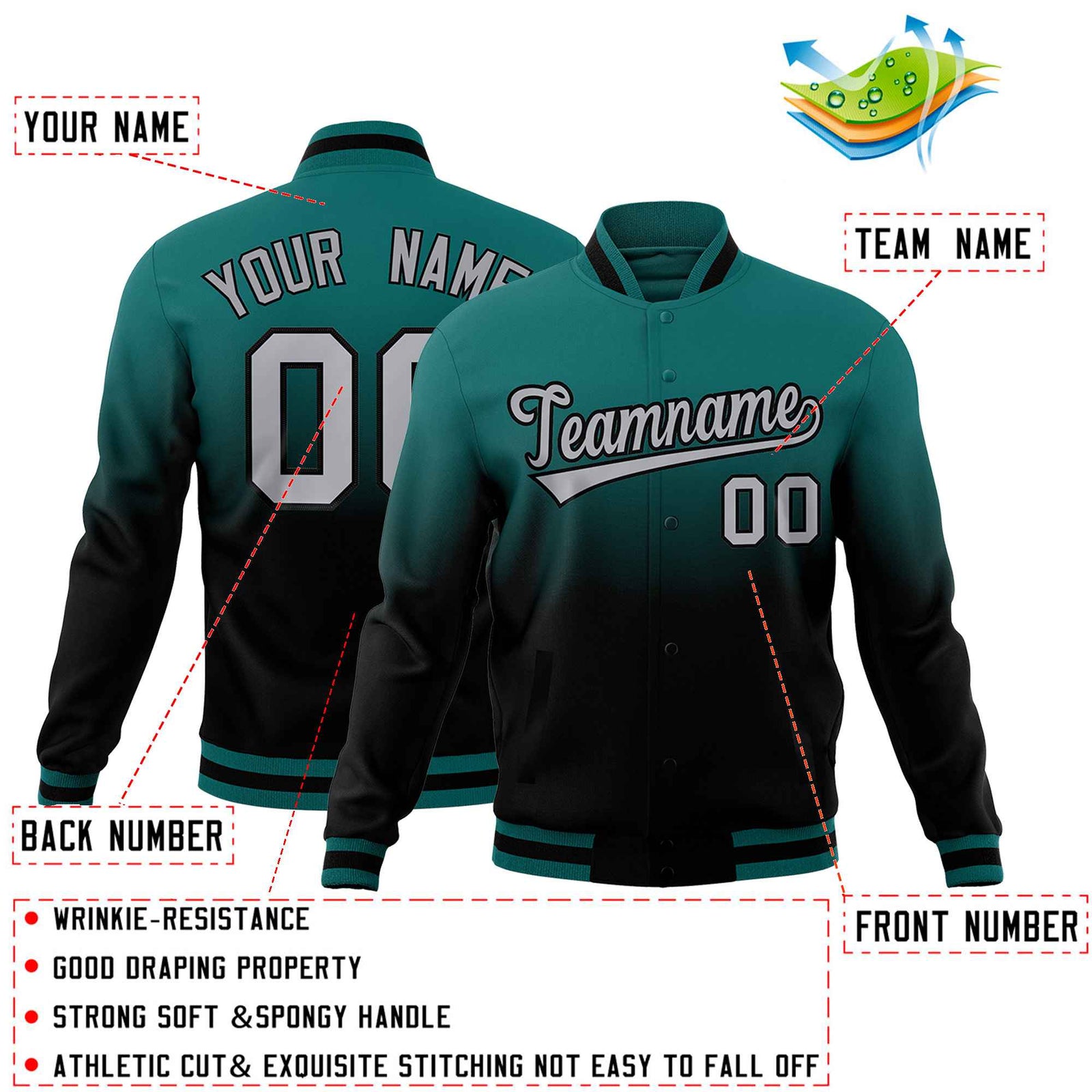 Custom Teal Black Full-Snap Varsity Personalization Gradient Fashion Letterman Jacket| KXKSHOP