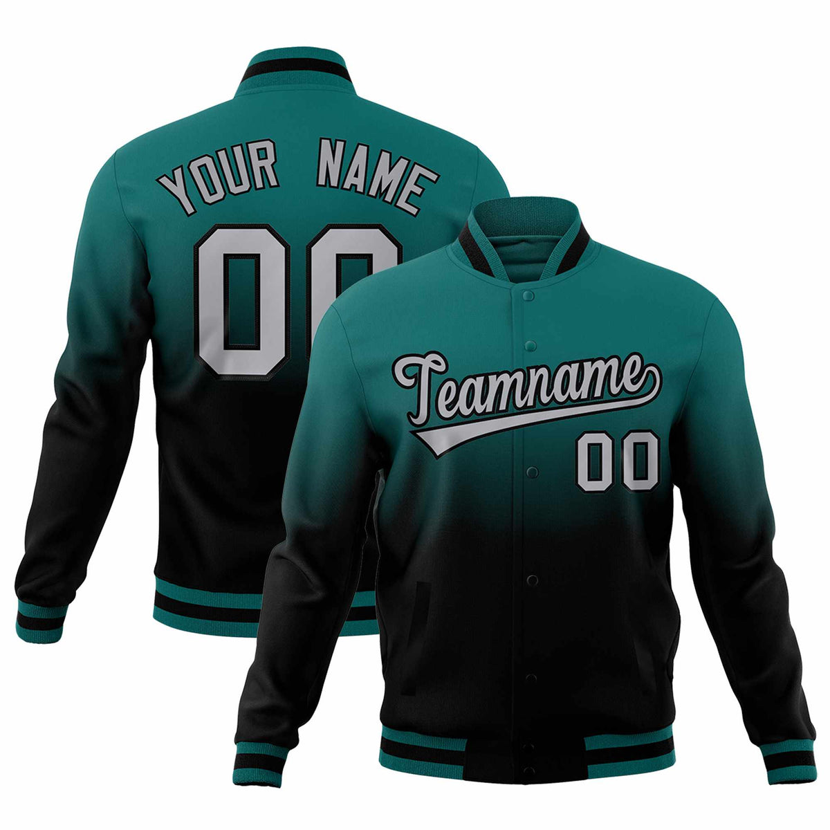 Custom Teal Black Full-Snap Varsity Personalization Gradient Fashion Letterman Jacket| KXKSHOP