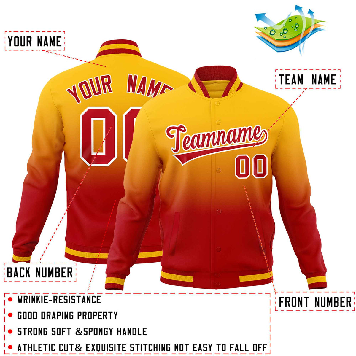 Custom Yellow Red Full-Snap Varsity Personalization Gradient Fashion Letterman Jacket| KXKSHOP