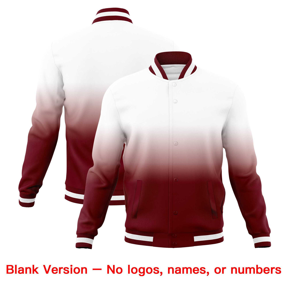Custom White Crimson Full-Snap Varsity Personalization Gradient Fashion Letterman Jacket| KXKSHOP