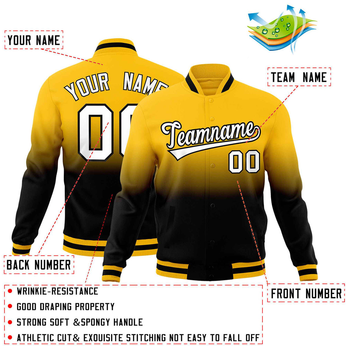 Custom Black Yellow Full-Snap Varsity Personalization Gradient Fashion Letterman Jacket| KXKSHOP