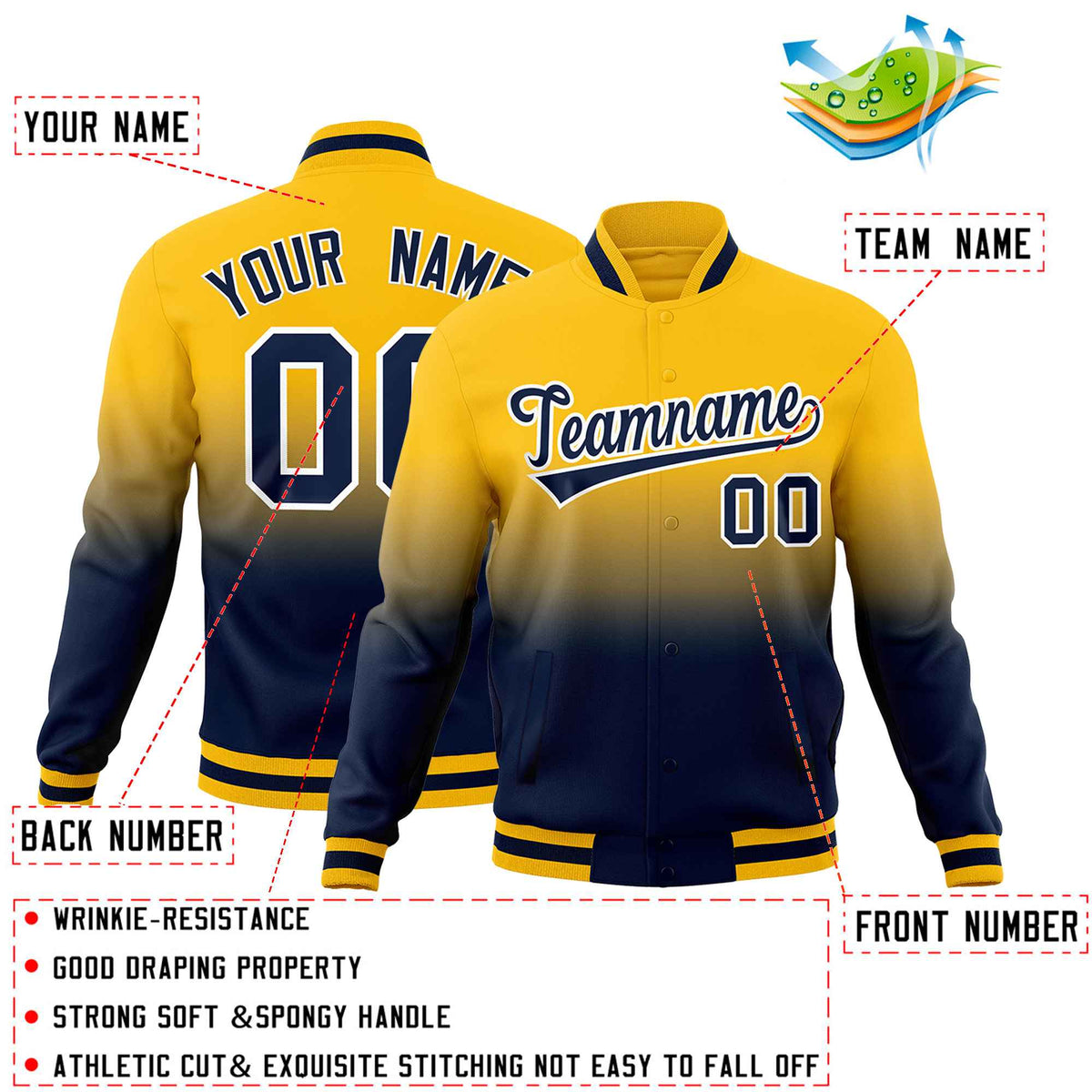 Custom Yellow Navy Full-Snap Varsity Personalization Gradient Fashion Letterman Jacket| KXKSHOP
