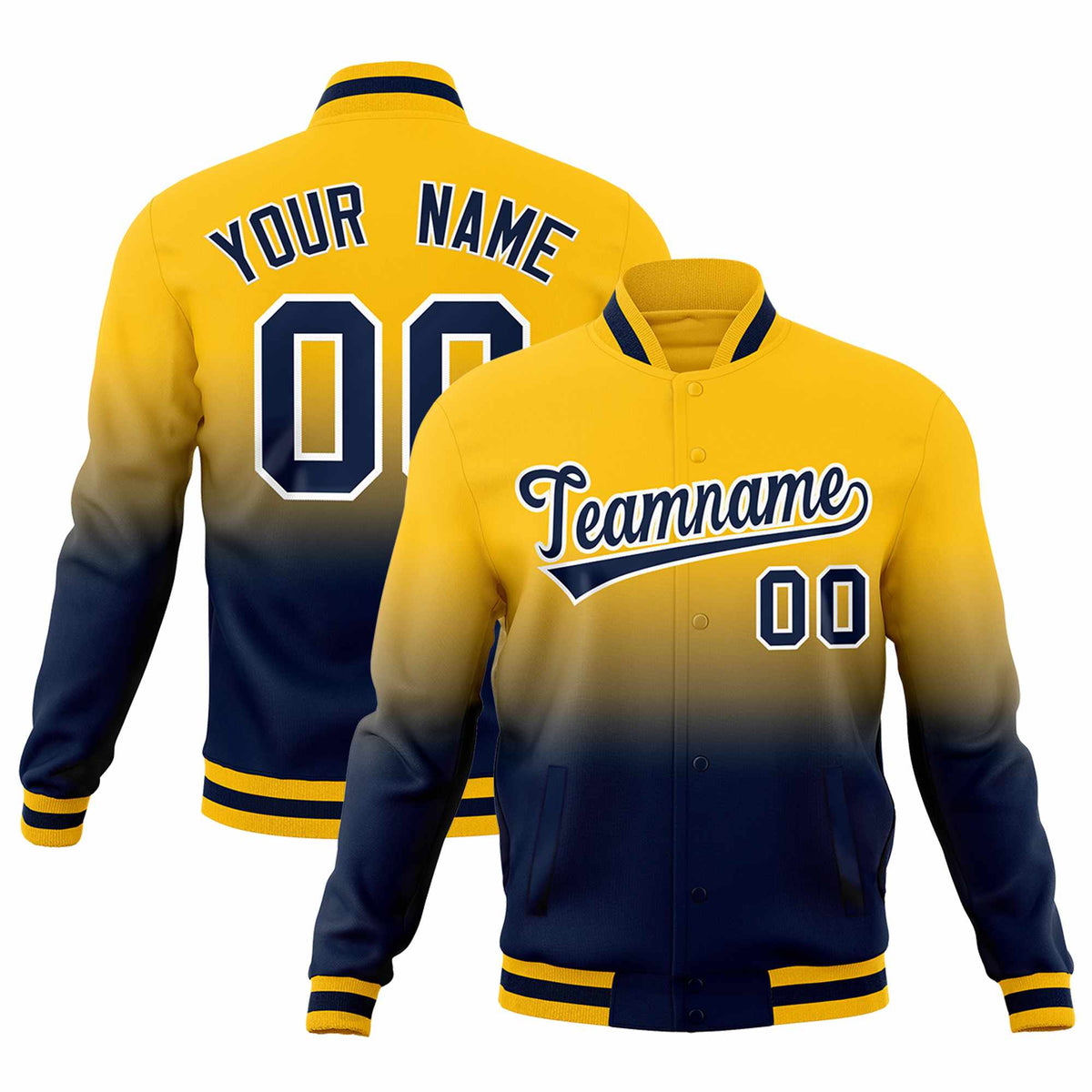 Custom Yellow Navy Full-Snap Varsity Personalization Gradient Fashion Letterman Jacket| KXKSHOP