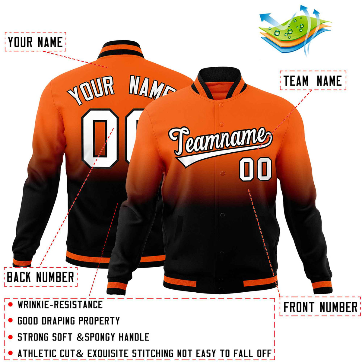 Custom Orange Black Full-Snap Varsity Personalization Gradient Fashion Letterman Jacket| KXKSHOP
