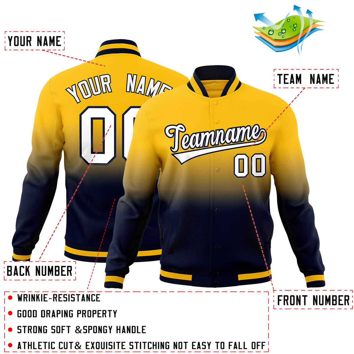 Custom Navy Yellow Full-Snap Varsity Personalization Gradient Fashion Letterman Jacket| KXKSHOP