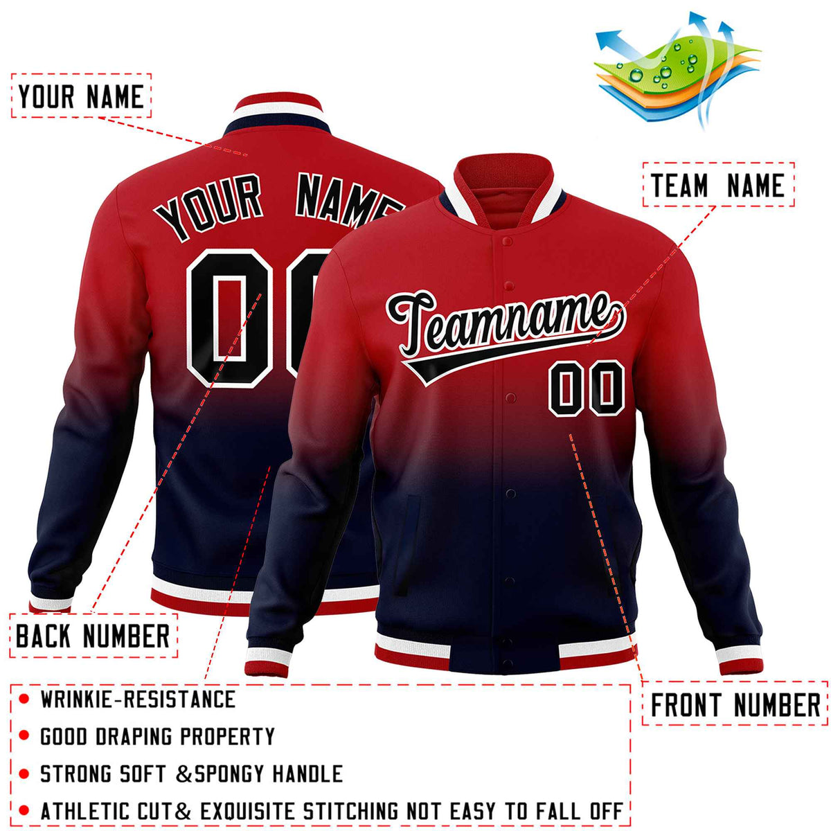 Custom Red Navy Full-Snap Varsity Personalization Gradient Fashion Letterman Jacket| KXKSHOP
