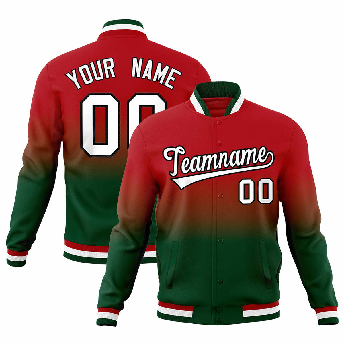 Custom Red Green Full-Snap Varsity Personalization Gradient Fashion Letterman Jacket| KXKSHOP