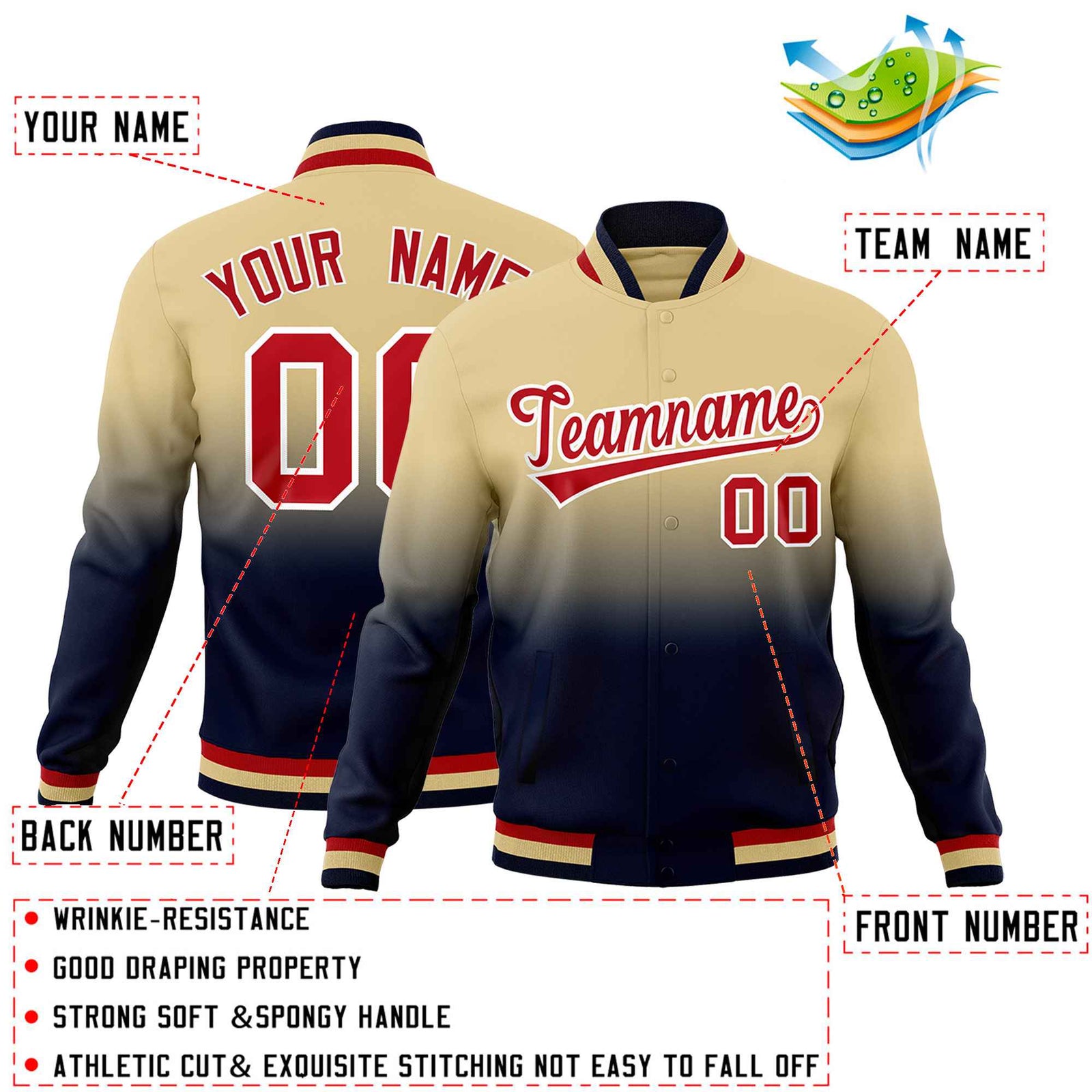 Custom Khaki Navy Full-Snap Varsity Personalization Gradient Fashion Letterman Jacket| KXKSHOP