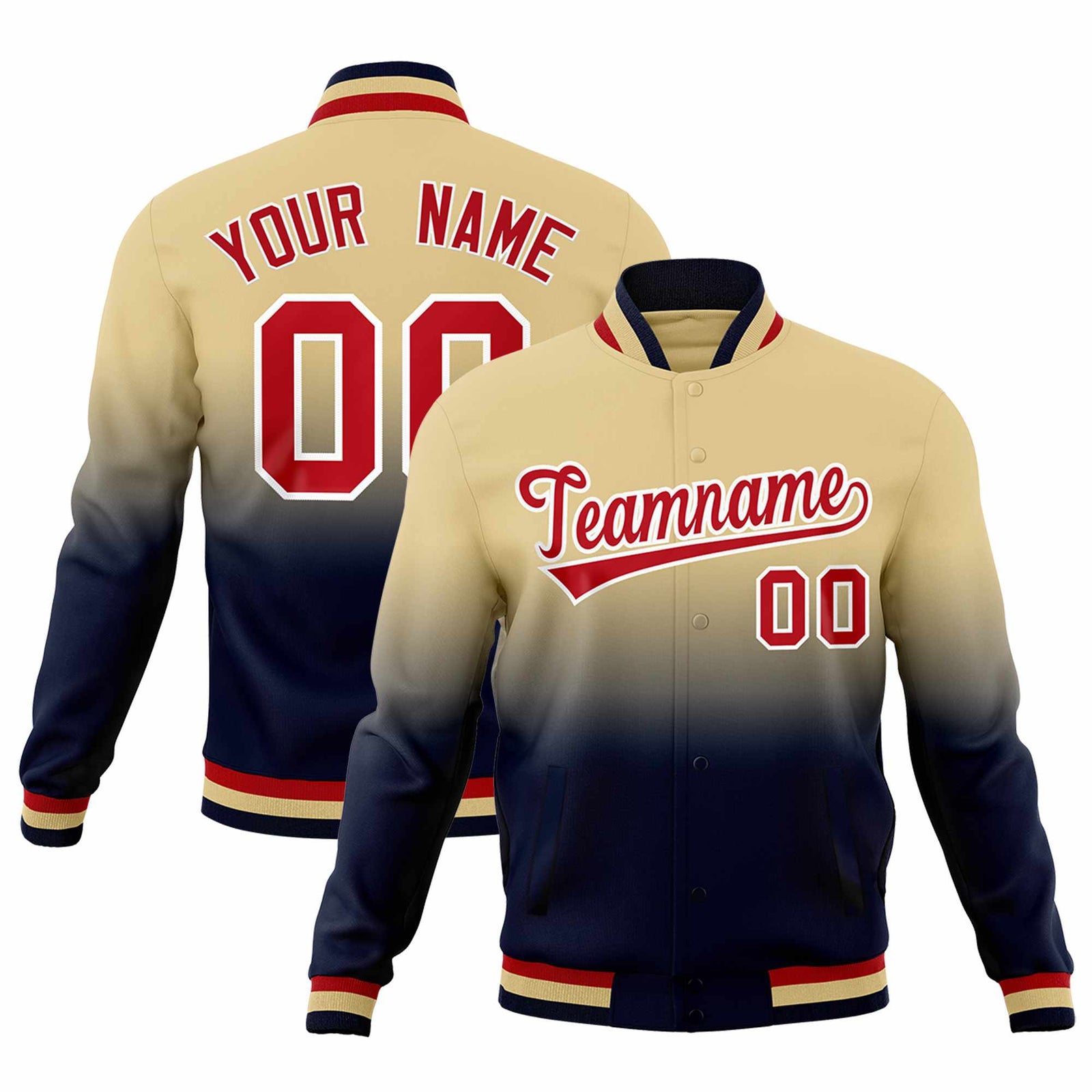Custom Khaki Navy Full-Snap Varsity Personalization Gradient Fashion Letterman Jacket| KXKSHOP