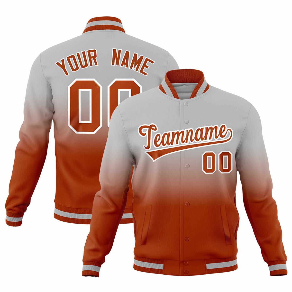 Custom Gray Dark Orange Full-Snap Varsity Personalization Gradient Fashion Letterman Jacket| KXKSHOP