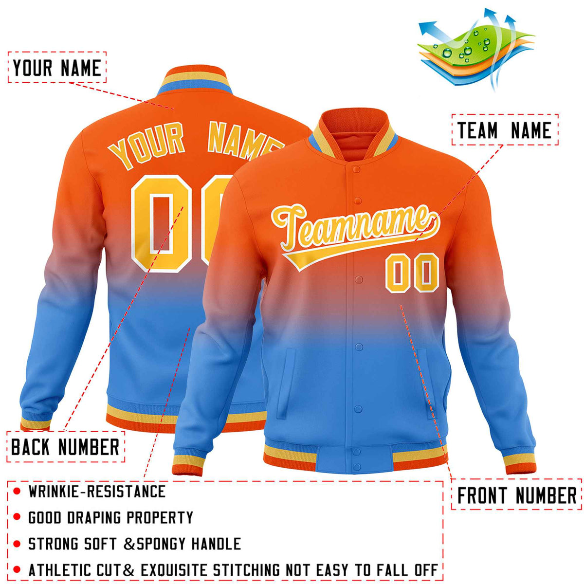 Custom Orange Powder Blue Full-Snap Varsity Personalization Gradient Fashion Letterman Jacket| KXKSHOP