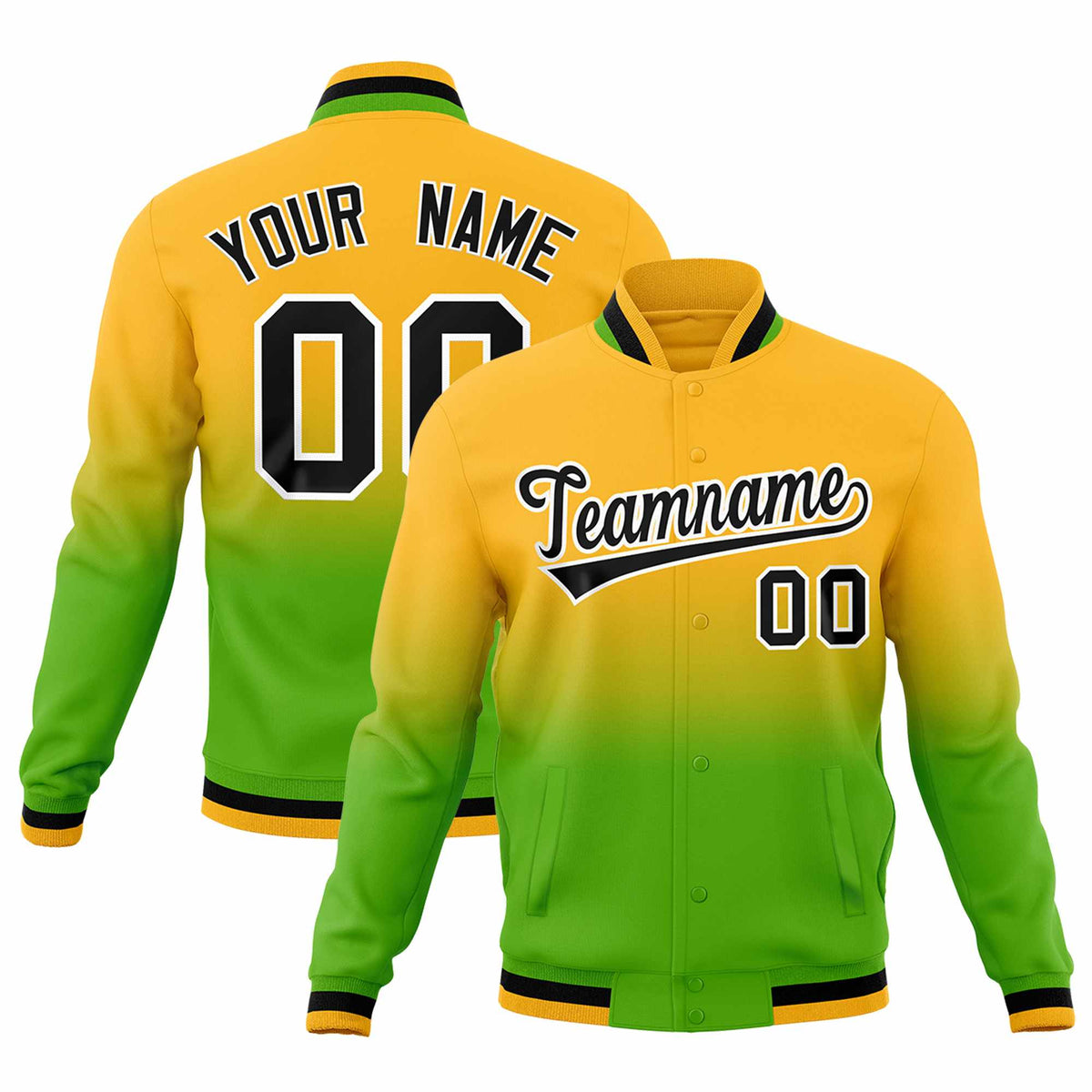 Custom Yellow Green Full-Snap Varsity Personalization Gradient Fashion Letterman Jacket| KXKSHOP
