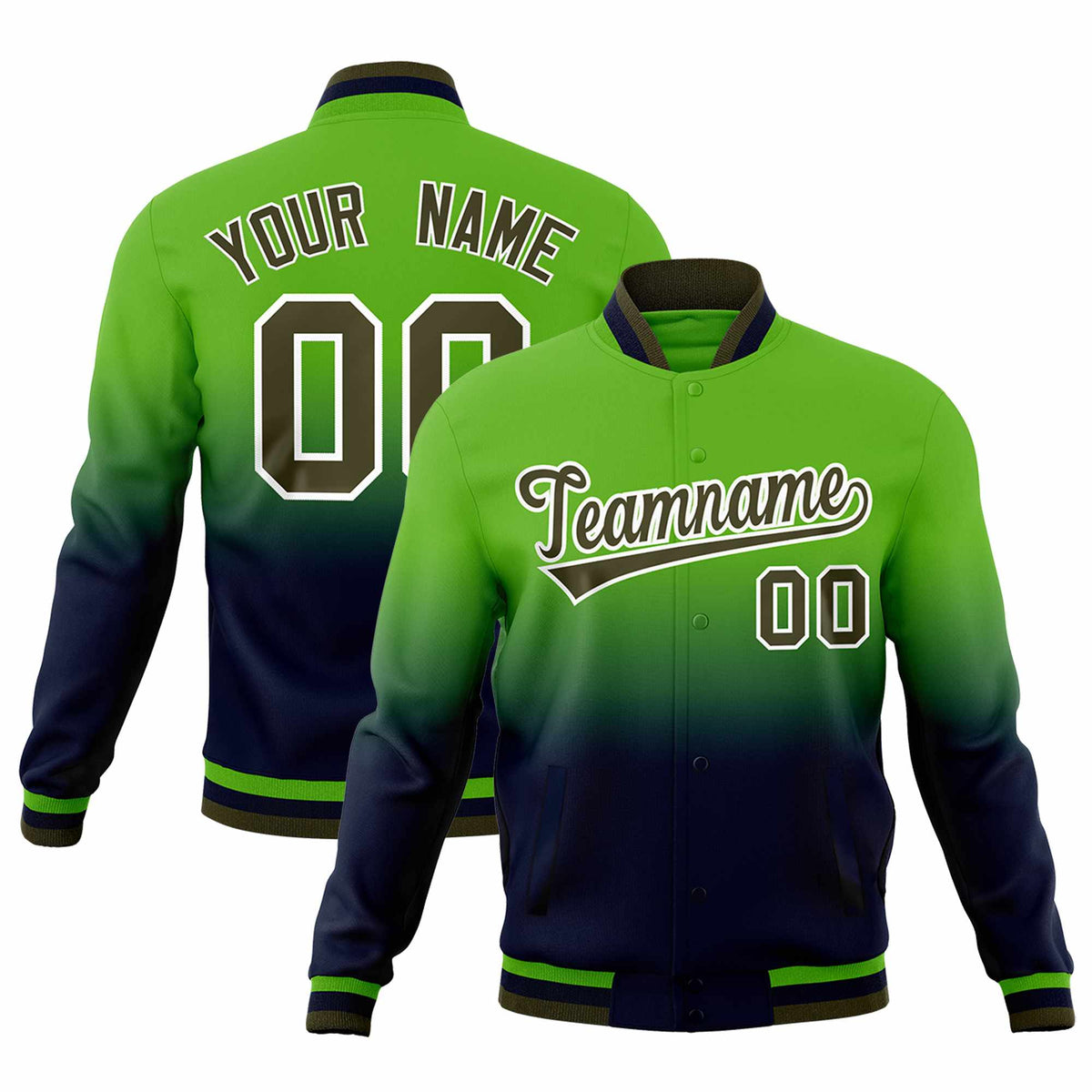 Custom Green Navy Full-Snap Varsity Personalization Gradient Fashion Letterman Jacket| KXKSHOP