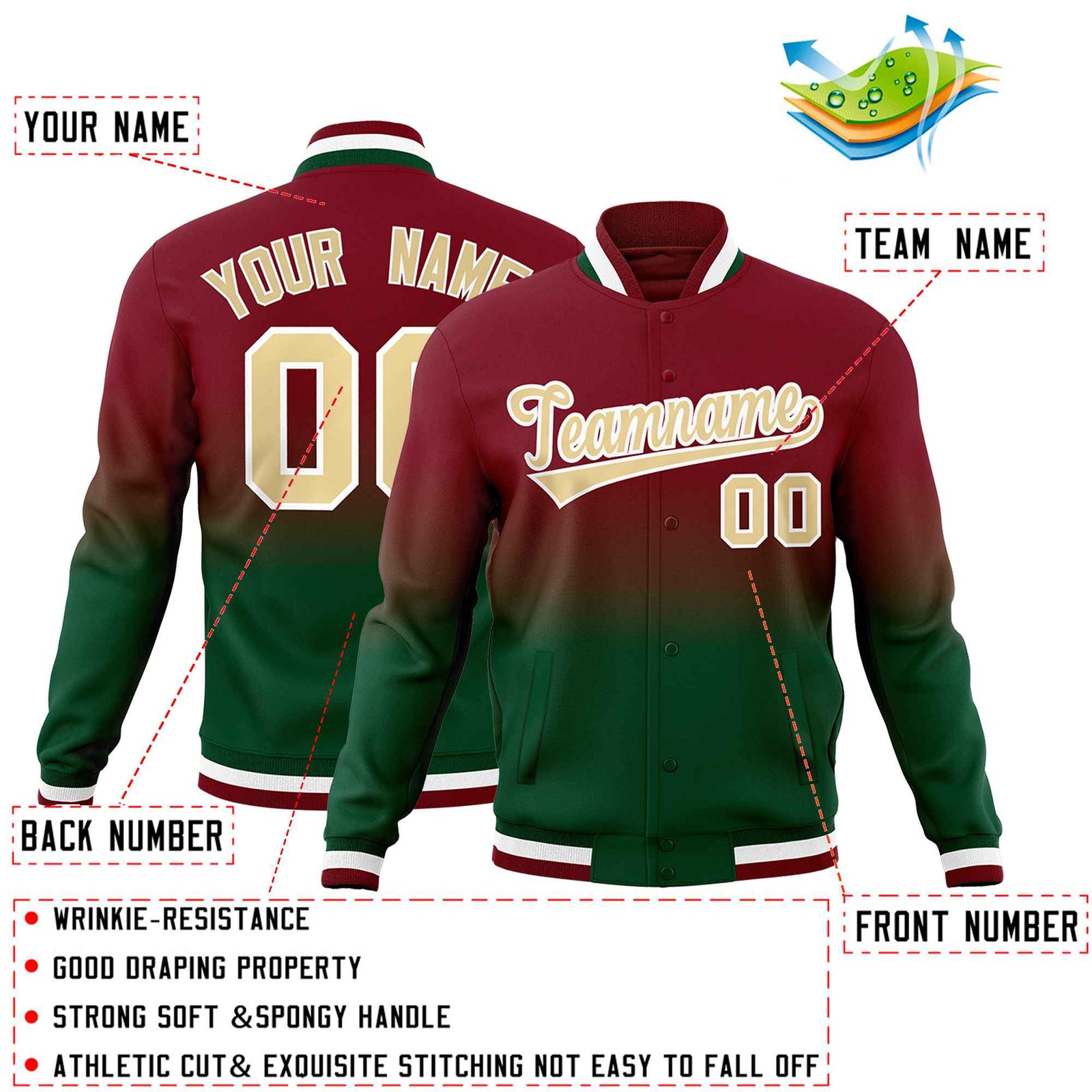 Custom Green Crimson Full-Snap Varsity Personalization Gradient Fashion Letterman Jacket| KXKSHOP